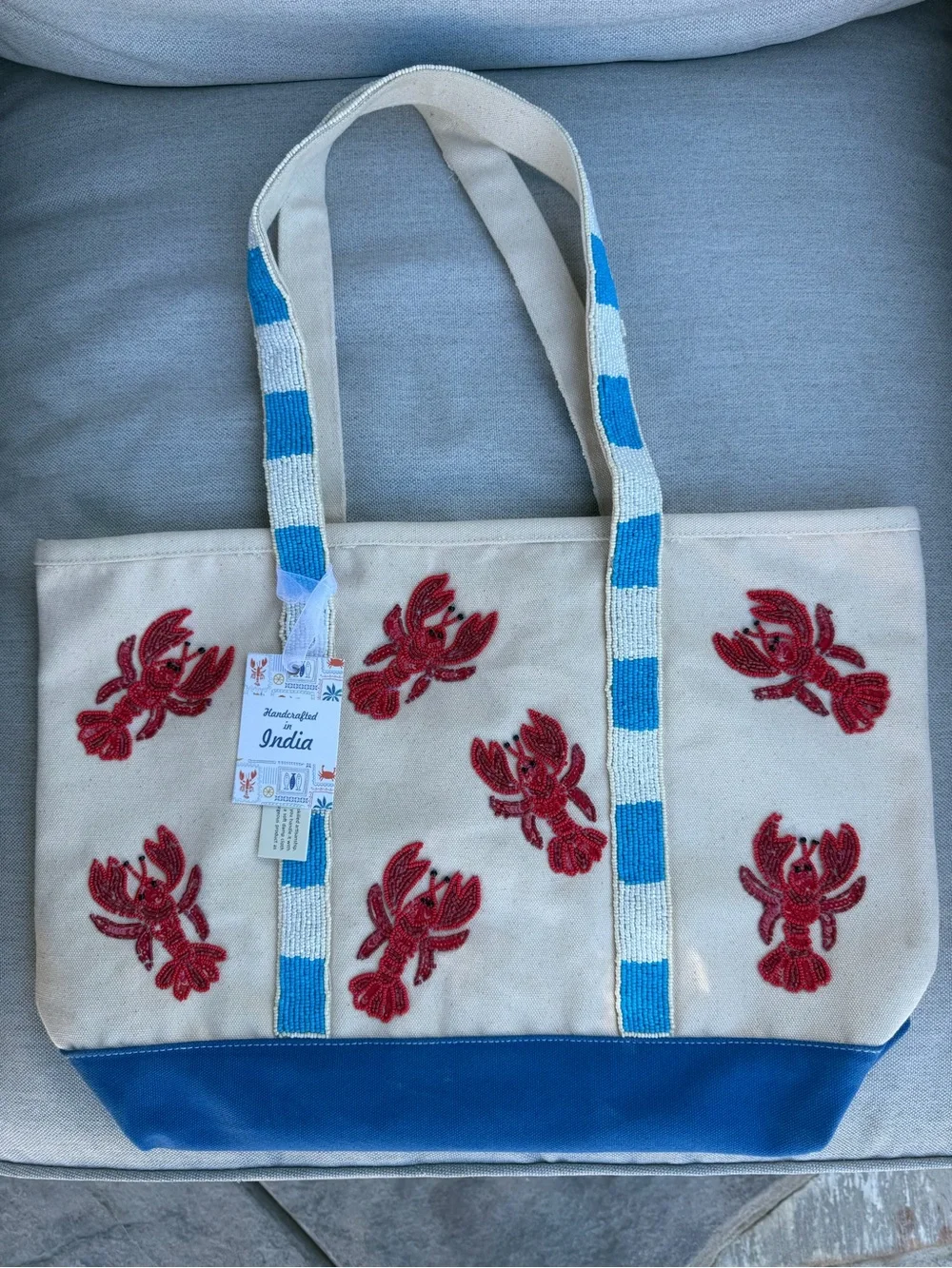 NWT Viral Beaded Cream Tote with Blue and White Trim & Red Beaded Lobster